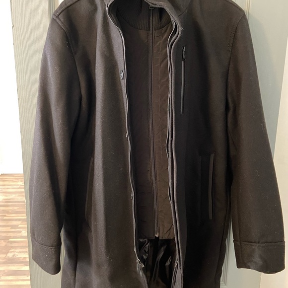 Men Express black wool coat with inside bib for warmth size Large slightly worn. - Picture 6 of 7